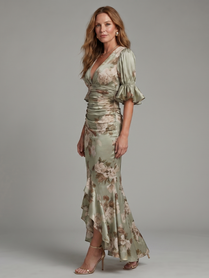 Barbara | Short Sleeve V Neck Ruched Waist Midi Dress
