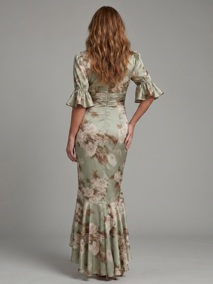 Barbara | Short Sleeve V Neck Ruched Waist Midi Dress