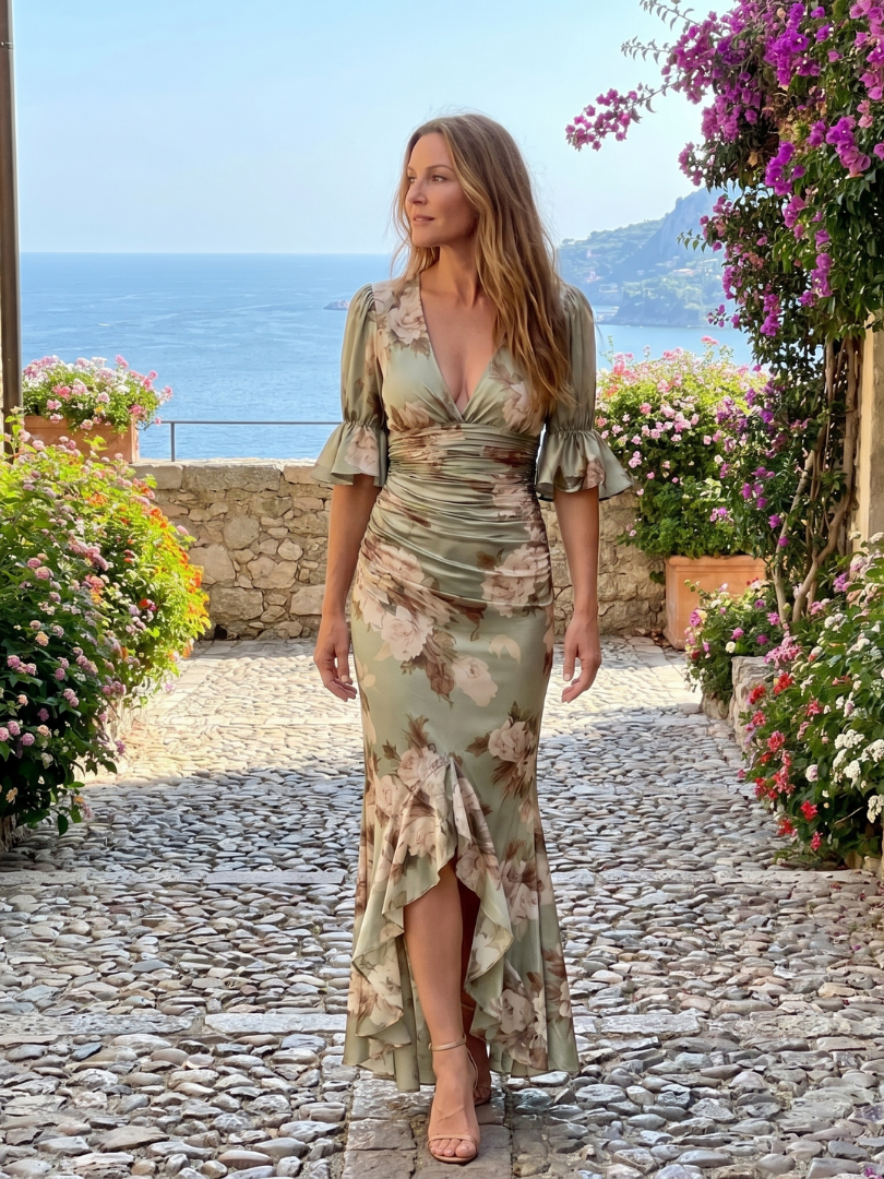 Barbara | Short Sleeve V Neck Ruched Waist Midi Dress