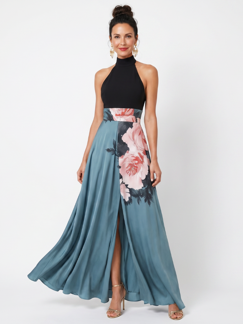 Elizabeth | Halter Bodice Floral Skirt Maxi Dress